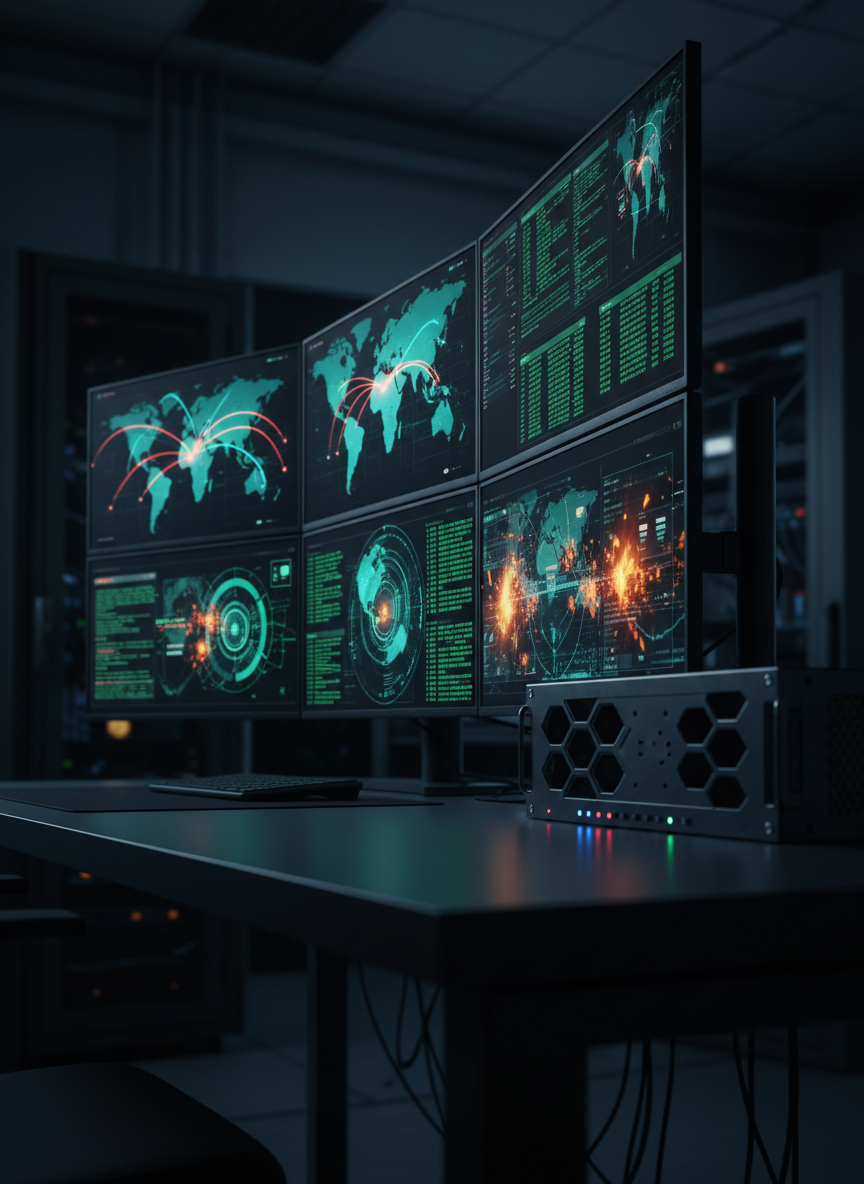 A close-up, photographic view of a high-security cybersecurity operations setup, with multiple slim-bezel displays tiled tightly together on a dark, matte workstation. The screens show real-time threat maps with glowing arcs across world maps, scrolling security logs in neat columns, and graphical depictions of firewalls and intrusion attempts in vivid blues, greens, and ambers. A hardware security module with a brushed metal finish sits to one side, its tiny status LEDs casting subtle colored reflections on the desk’s surface. The environment around is intentionally dim, lit mainly by the monitor glow, creating a focused, vigilant mood. Shot from a low, angled perspective with selective focus on the central screens, the image has a cinematic yet realistic feel that communicates advanced cybersecurity monitoring and protection.