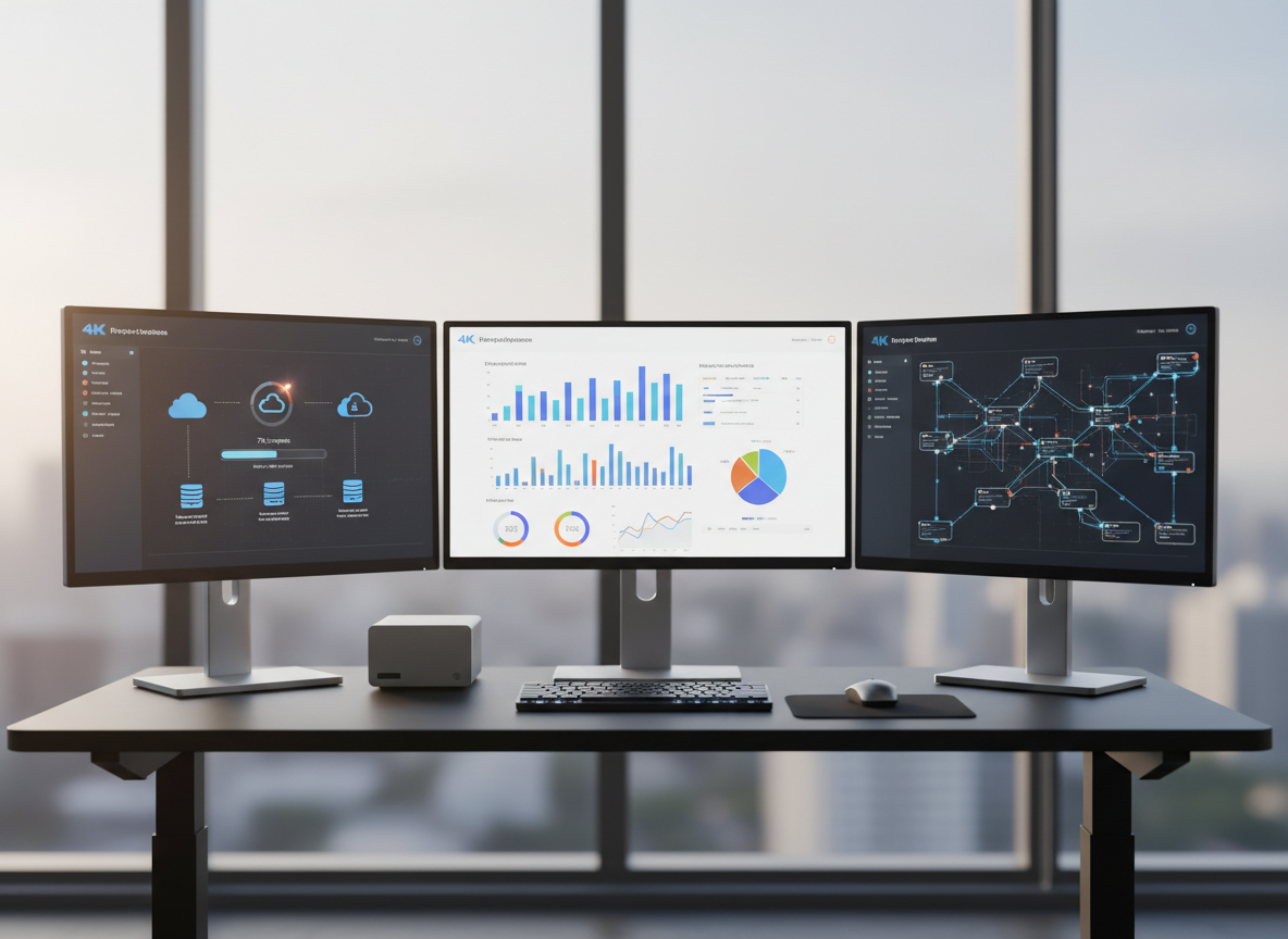 A clean, modern workstation showcasing digital transformation in progress, featuring three ultra-thin bezel 4K monitors on a matte black sit-stand desk. The central screen displays a vibrant data analytics dashboard with colorful charts and graphs, while the side screens show a cloud migration progress interface and a network topology diagram. A compact, brushed-aluminum mini PC and a slim mechanical keyboard sit neatly on the desk’s surface. The background shows a blurred cityscape through large floor-to-ceiling windows. Soft daylight pours in, creating natural highlights on the metallic surfaces and a calm, focused atmosphere. Shot from a slightly elevated angle with shallow depth of field, the photographic image feels clean, professional, and forward-looking, perfect for illustrating digital strategy and consulting services.
