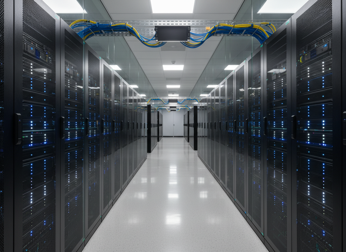 A sleek, glass-walled server room filled with rows of matte black rack-mounted servers, each unit displaying crisp blue and white LED indicators in symmetrical patterns. Glossy network switches and meticulously organized blue and yellow Ethernet cables form precise curves along cable trays. The room’s polished light-gray epoxy floor subtly reflects the hardware. Cool, diffused overhead LED panel lighting creates a clean, clinical glow with soft shadows between the aisles. Captured at eye level down the central corridor with a sharp focus and long perspective, the image emphasizes order, reliability, and scalability. The photographic realism and minimalist, high-tech aesthetic convey a modern, professional IT infrastructure environment, ideal for a technology solutions homepage hero image.