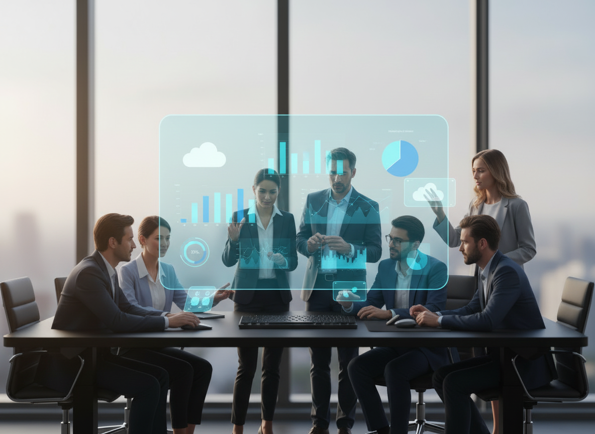 Create a modern, professional illustration representing cloud solutions and infrastructure for a B2B IT consulting company — stylized servers, cloud icons, secure connections, and abstract network lines in a clean blue tech color palette, minimal and corporate, no text