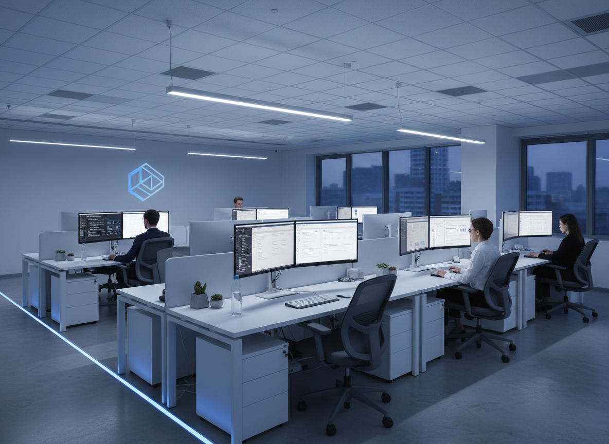 Clean, modern office IT environment with neatly arranged workstations, dual monitors, subtle corporate branding, and soft blue accent lighting, in a realistic, professional style