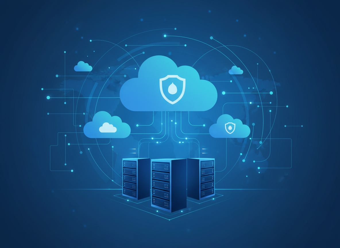 Clean, modern office IT environment with neatly arranged workstations, dual monitors, subtle corporate branding, and soft blue accent lighting, in a realistic, professional style