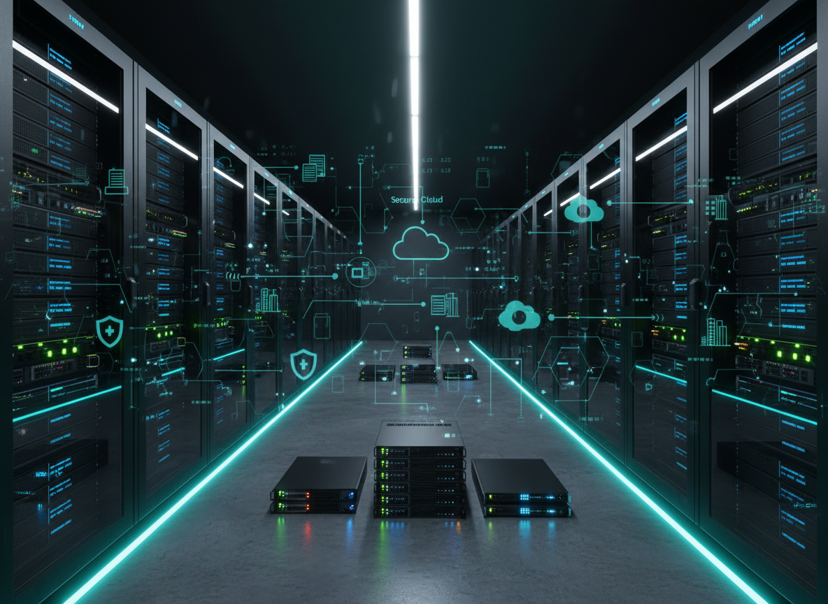 A modern, secure enterprise datacenter with rows of illuminated server racks, cool blue and teal accent lighting, subtle network graphics overlay, representing reliability, performance, and security.