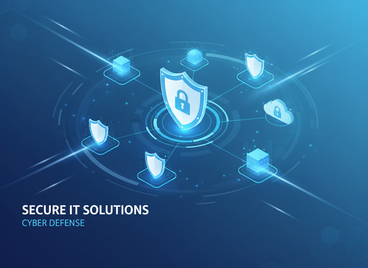 Modern, professional cybersecurity solution illustration for an IT services website, showing secure networks, shield icons, and data protection visuals in a corporate blue color scheme