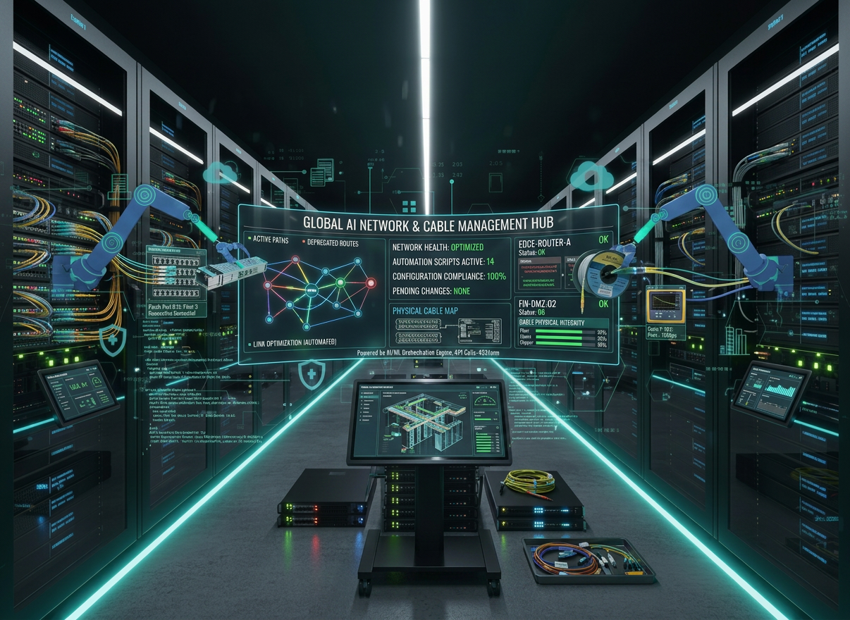 Robotic arms interacting with a holographic global network orchestration and automation interface in a data center