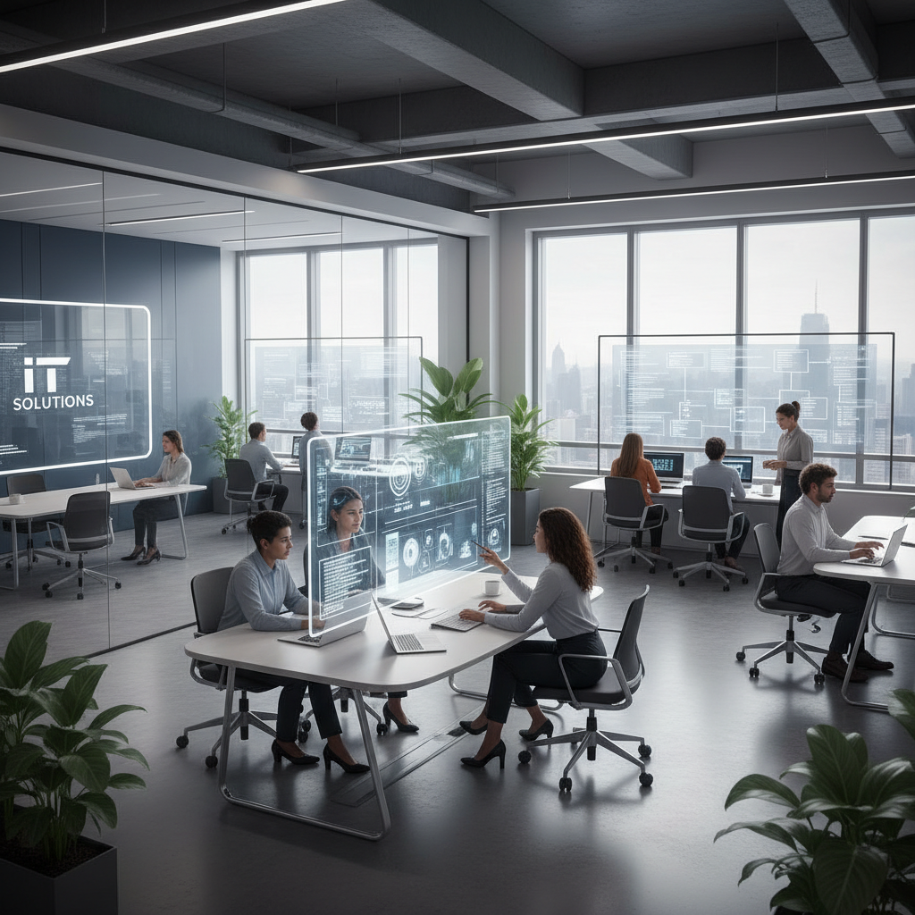 A modern IT consulting company office with diverse professionals collaborating around computers and digital screens, clean and professional style