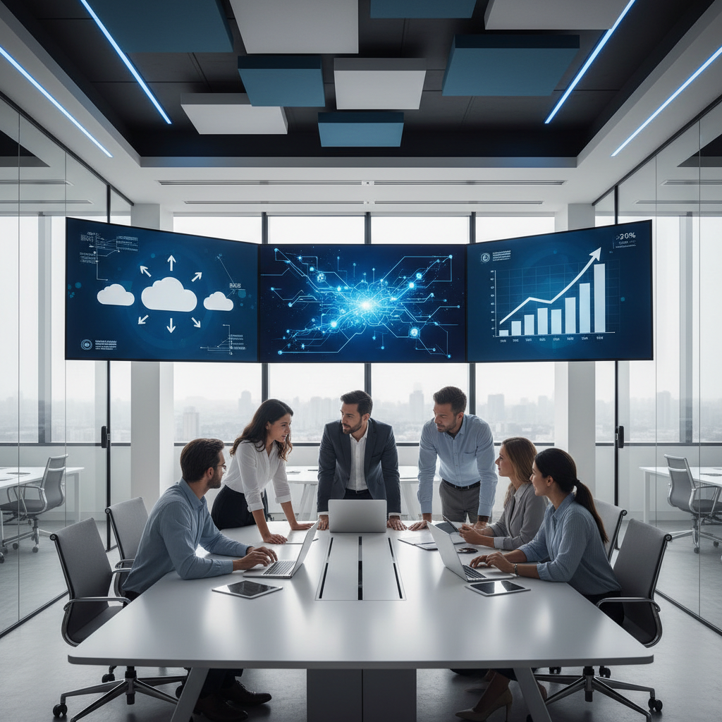 A modern IT consulting company team in a bright, contemporary office collaborating around multiple large digital displays that show abstract network diagrams, cloud icons, and growth charts. The scene should convey forward-looking technology, strategic growth, teamwork, and innovation with a clean, professional aesthetic that matches high-end corporate tech visuals. Neutral background, subtle blue accents, and realistic photographic style.
