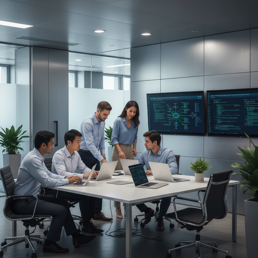 A professional, high-resolution square photo of a diverse IT consulting team collaborating around laptops and large screens in a modern office, with a clean, corporate look that matches a cybersecurity-focused IT services website. No text or logos.