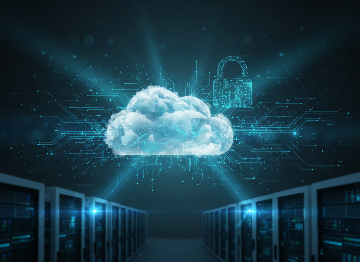 Professional, modern background for an IT consulting company featuring secure data centers, cloud infrastructure, and abstract digital network visuals in a blue and teal tech color palette, with soft gradients and plenty of dark areas to keep overlaid white text readable.