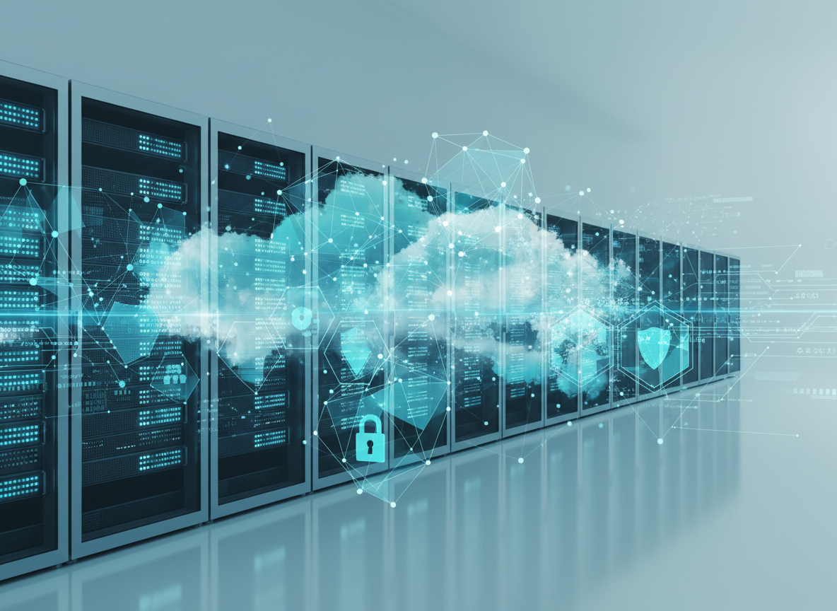 Professional IT consulting themed background showing secure modern data center racks blended with cloud and cybersecurity interface overlays, in a clean blue and teal tech color palette, minimal and corporate, no text