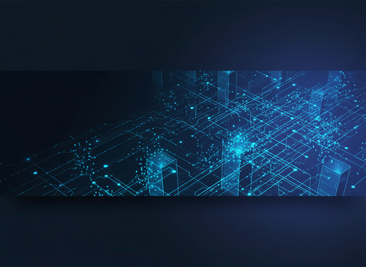 Abstract network and cloud technology background, professional and high-tech, with interconnected nodes, data streams, and subtle gradients in blue and dark tones, suitable as a website hero/section background