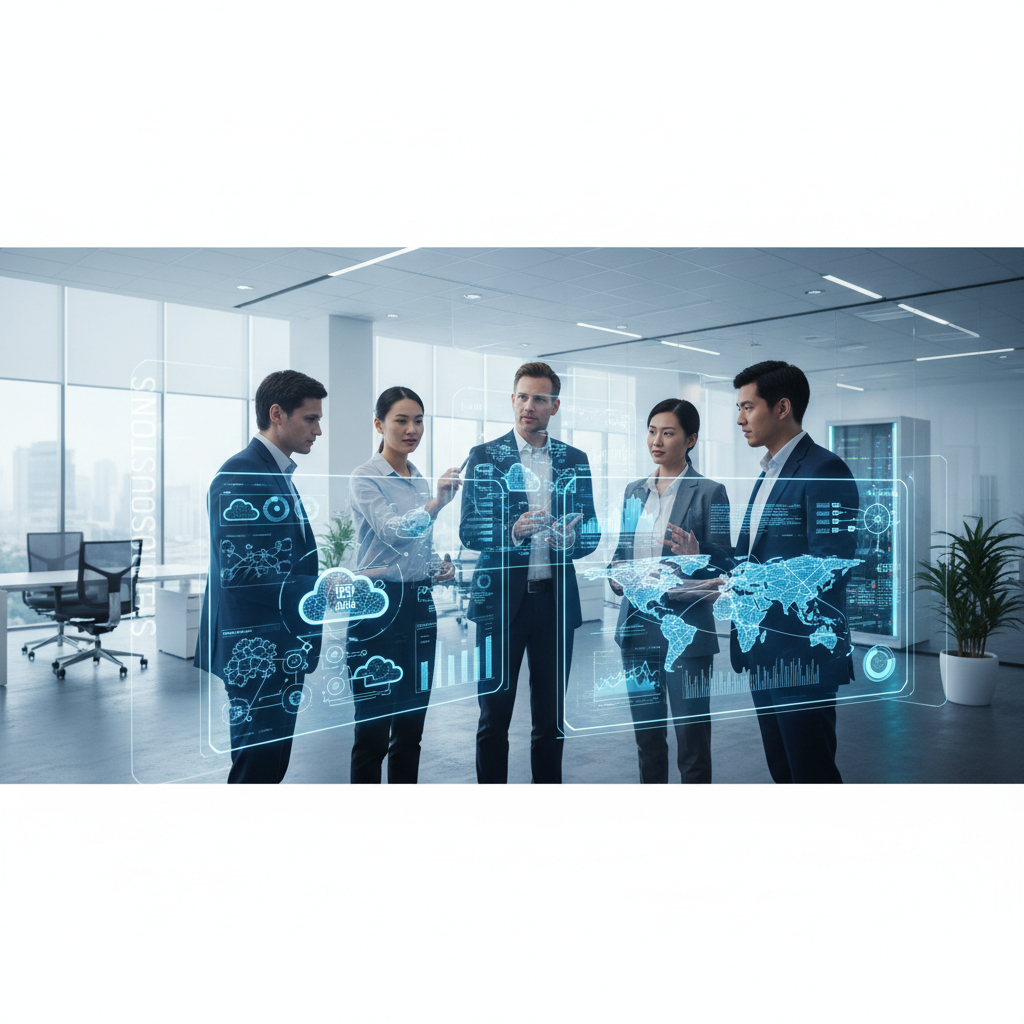 A modern IT consulting concept image showing diverse professionals collaborating in front of digital dashboards, cloud icons, and network diagrams, in a clean corporate style that matches a technology services website.