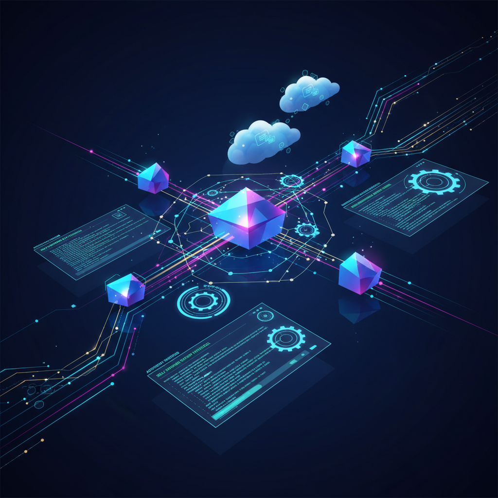 A modern, high-tech illustration of network automation: abstract network nodes connected by glowing lines, dashboards with automated scripts running, gear icons and cloud symbols, all in a sleek corporate IT style on a dark blue background.