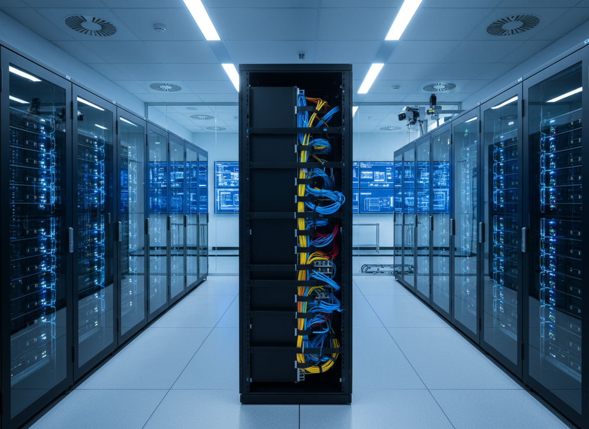 A modern, secure enterprise datacenter with rows of illuminated server racks, neatly organized network cables, and cool blue lighting in a professional, high-tech style, no text, suitable as a service card image on an IT solutions website.